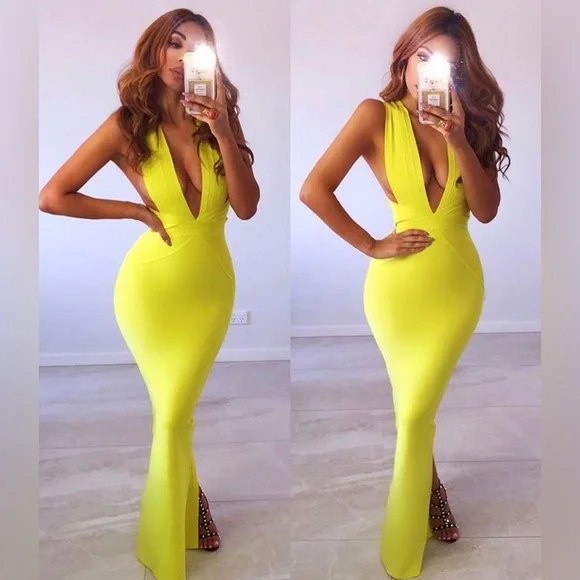 HOUSE OF CB 'Ysabel' Acid Yellow Bandage Maxi Dress NWOT - Picture 1 of 5